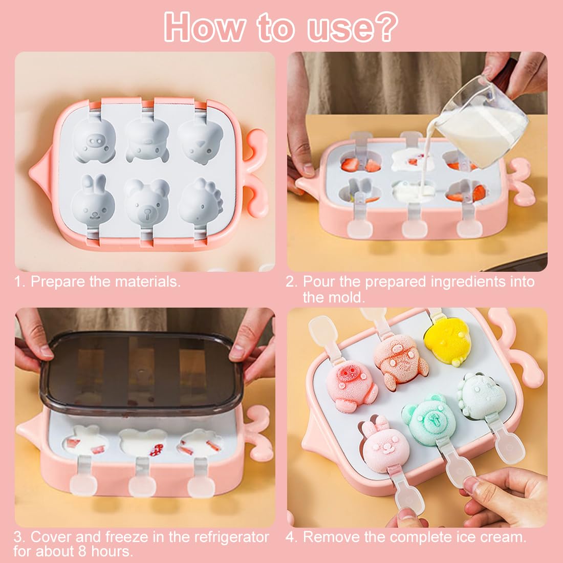 Bluelves Moldes Helados, 6 Pack Moldes para polos helados, Molde Helados Silicona con Palo, Poleras Helado para Bebé, Niño y Adultos（Animales）