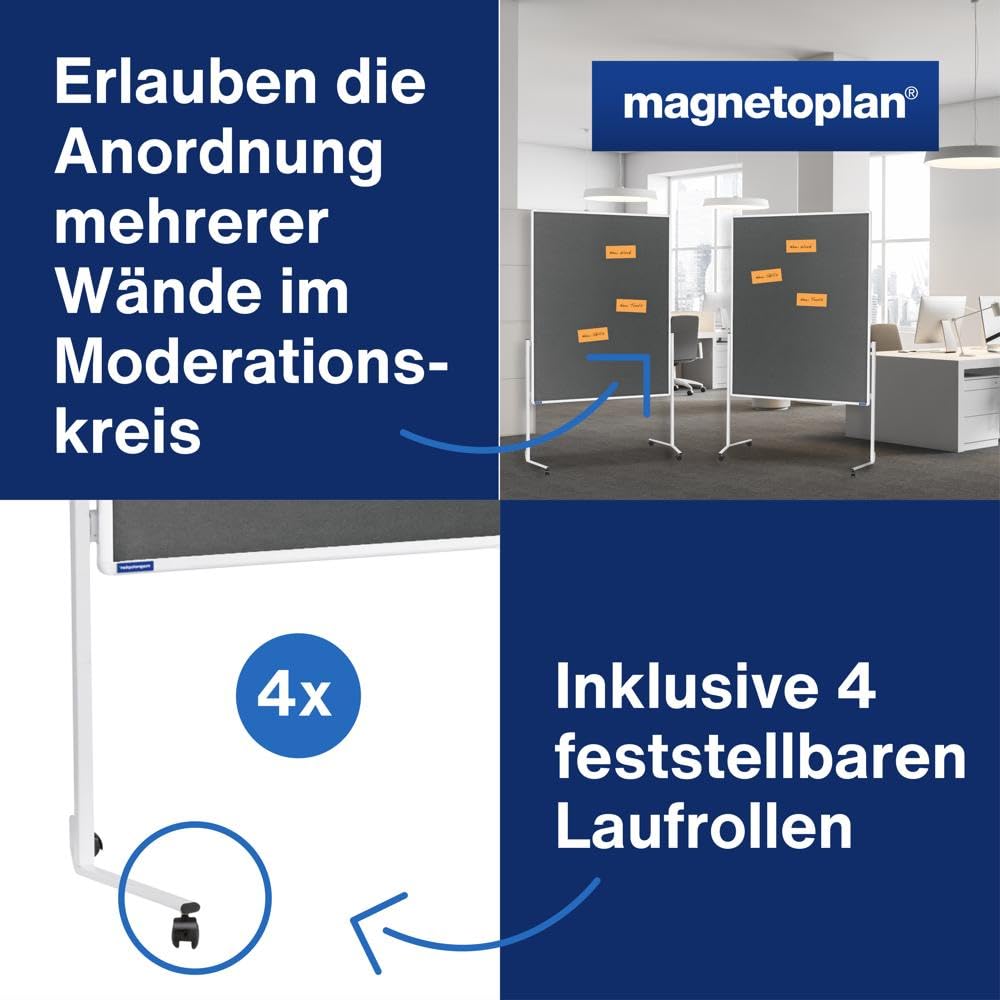 magnetoplan Moderationstafel einteilig, Filz Grau l Doppelseitig BxH 1200x1500mm l Aluminiumrahmen Weiß l Mobile Präsentationstafel l Mit 4 Lenkrollen & stabilem Stahlgestell l Für Büro & Schulung
