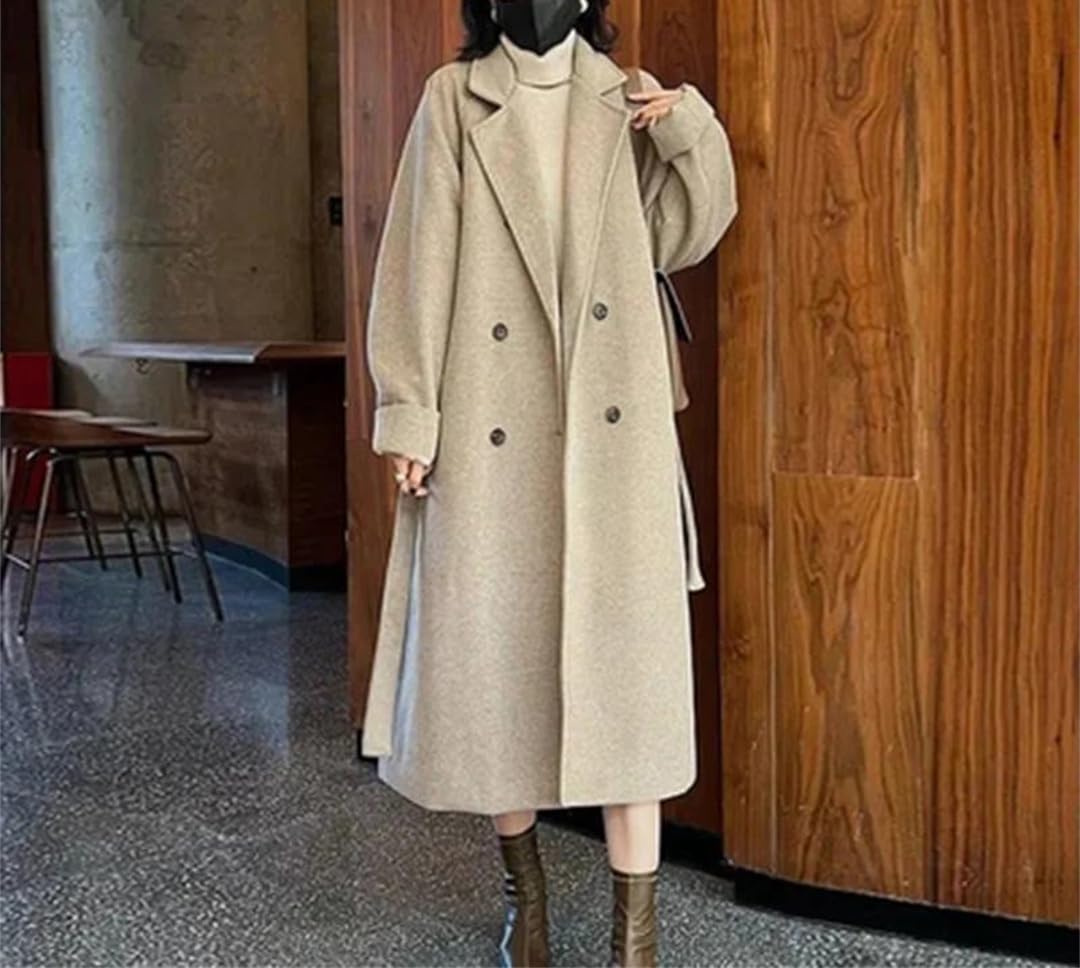 Abrigo de lana de moda para mujer, abrigo de invierno con doble botonadura, cinturón delgado, chaqueta larga de lana, abrigo cálido para mujer
