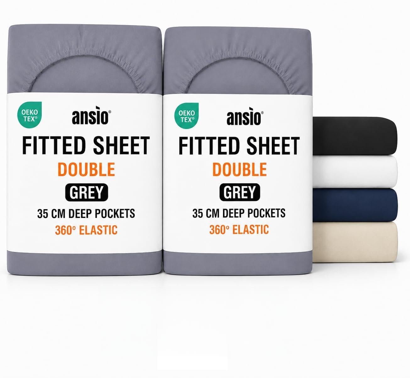 ANSIO® Double (2 Pack) Fitted Sheet Soft Brushed Microfibre Fabric – Extra Deep Pocket 35cm – All-Around Elastic – OEKO-TEX Certified – Easy Care & Naturally Smooth After Wash - Grey