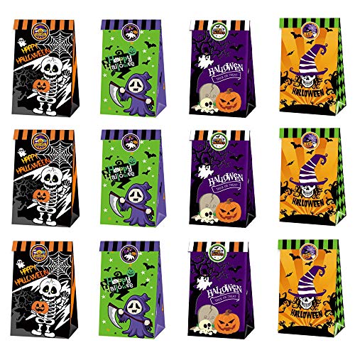 12 Pcs Halloween Paper Gift Goodie Candy Bags with 12pcs Halloween Pattern Stickers For Party Favor, Kids Birthday Halloween Party Decorations