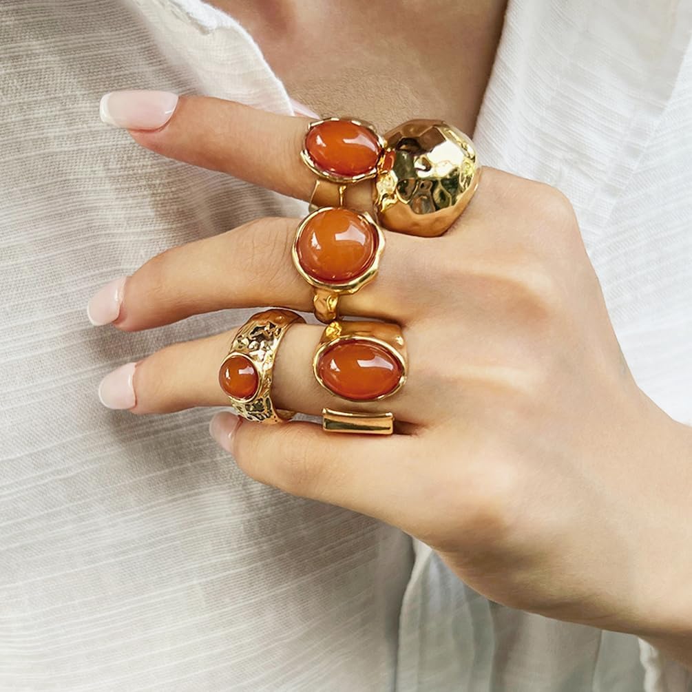 5Pcs Chunky Gold Hammered Stackable Brown Crystal Rings for Women Trendy, Vintage Thick Stack Knuckle Ring Non Tarnish Dainty Party Prom Jewelry Gift - Image 3