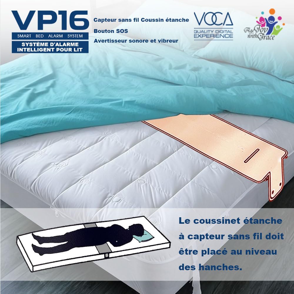 Alarme de lit VOCA VP16 sous matelas pour personnes âgées, tapis de détection sans fil avec alerte précoce et téléavertisseur, alarme de sécurité pour lit, prévention des chutes, pour personnes âgées