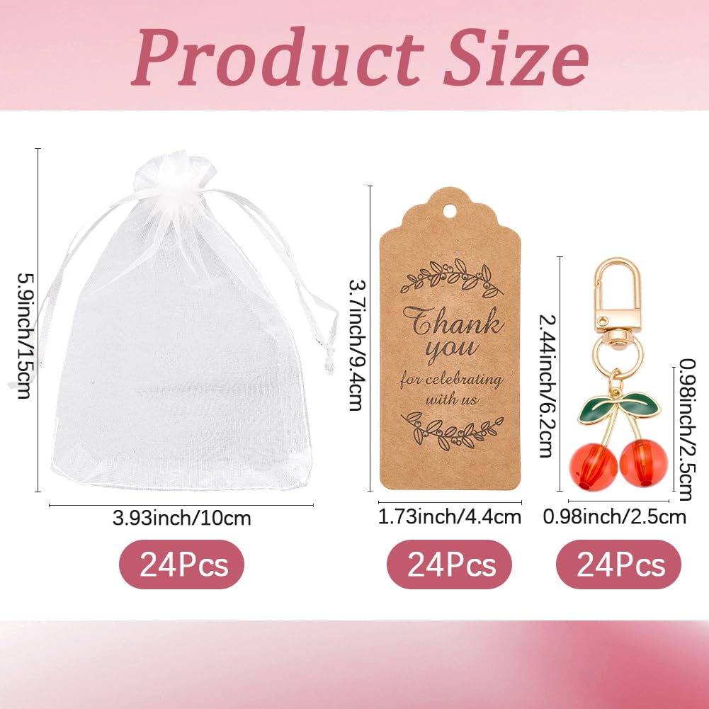 CRASPIRE 24 Set Portachiavi Ciliegia Rossa all'Ingrosso Bomboniera Regali di Nozze con Sacchetto di Organza Etichetta di Ringraziamento Portachiavi di Frutta Ciondolo Accessori Regalo Souvenir