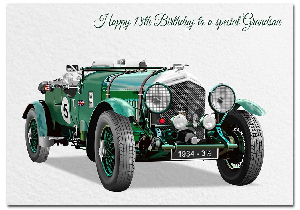 Extra Large Grandson 18th Birthday Card - XL Big thick A4 size - Cool 1934 Vintage Classic Car Art - Special Age Year Traditional Greeting - Huge Happy Wishes Him Men Male - UK Eco-Friendly — image 1