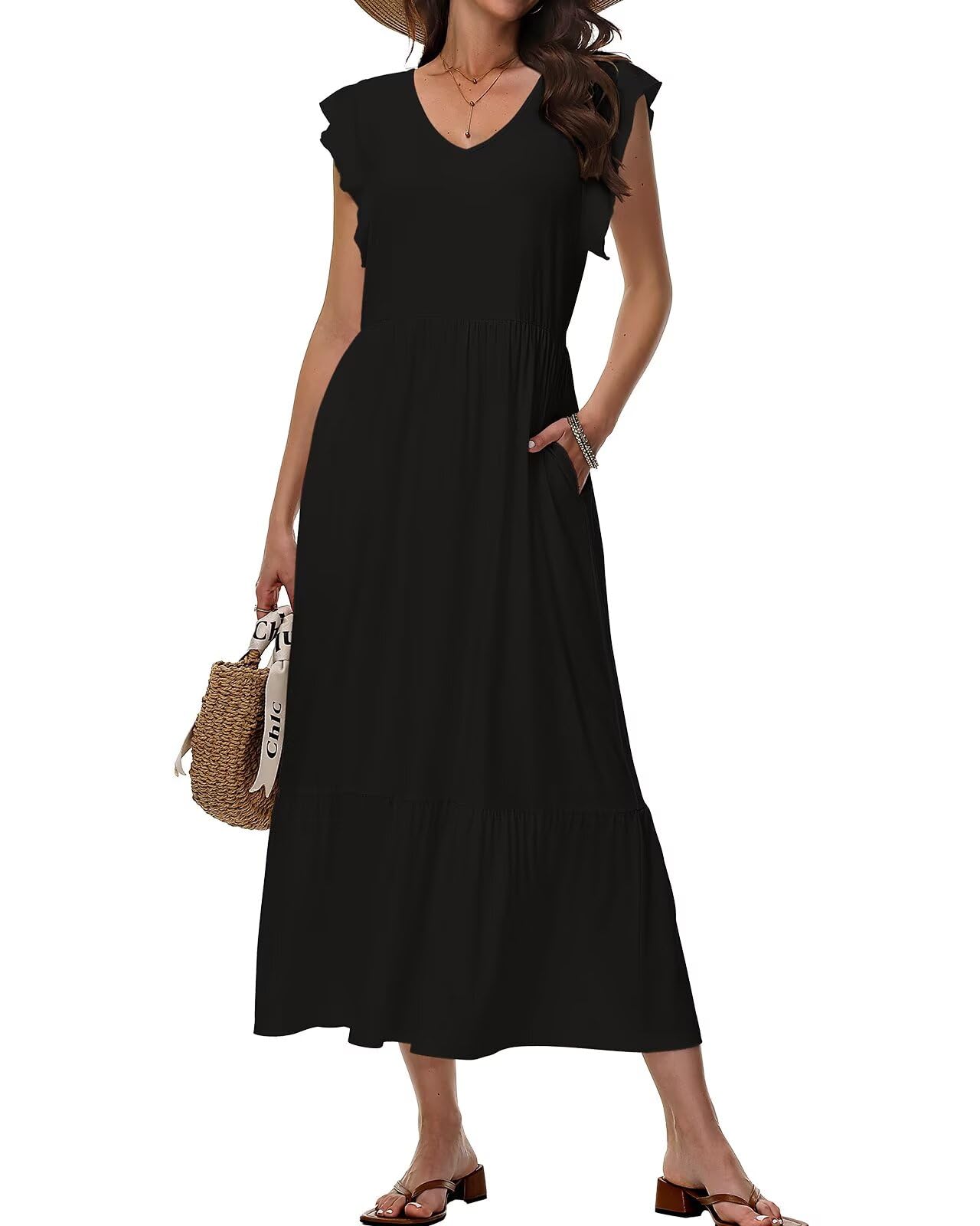 Tanmolo Maxikleid Damen Sommerkleid Lang Strandkleid Mit V-Ausschnitt Im Swing-Stil Mit Blumenmuster Mit Taschen