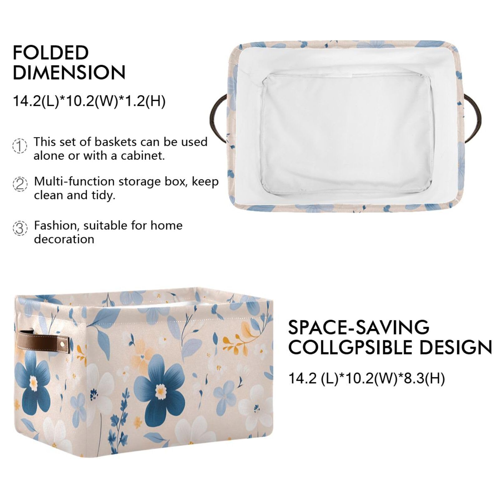 PaChyLuu Flowers and Leaves Storage Basket Bin Canvas Fabric Organizer Toys Basket with Handles for Home Office Nursery, Clothes, Gifts, 2 Pcs