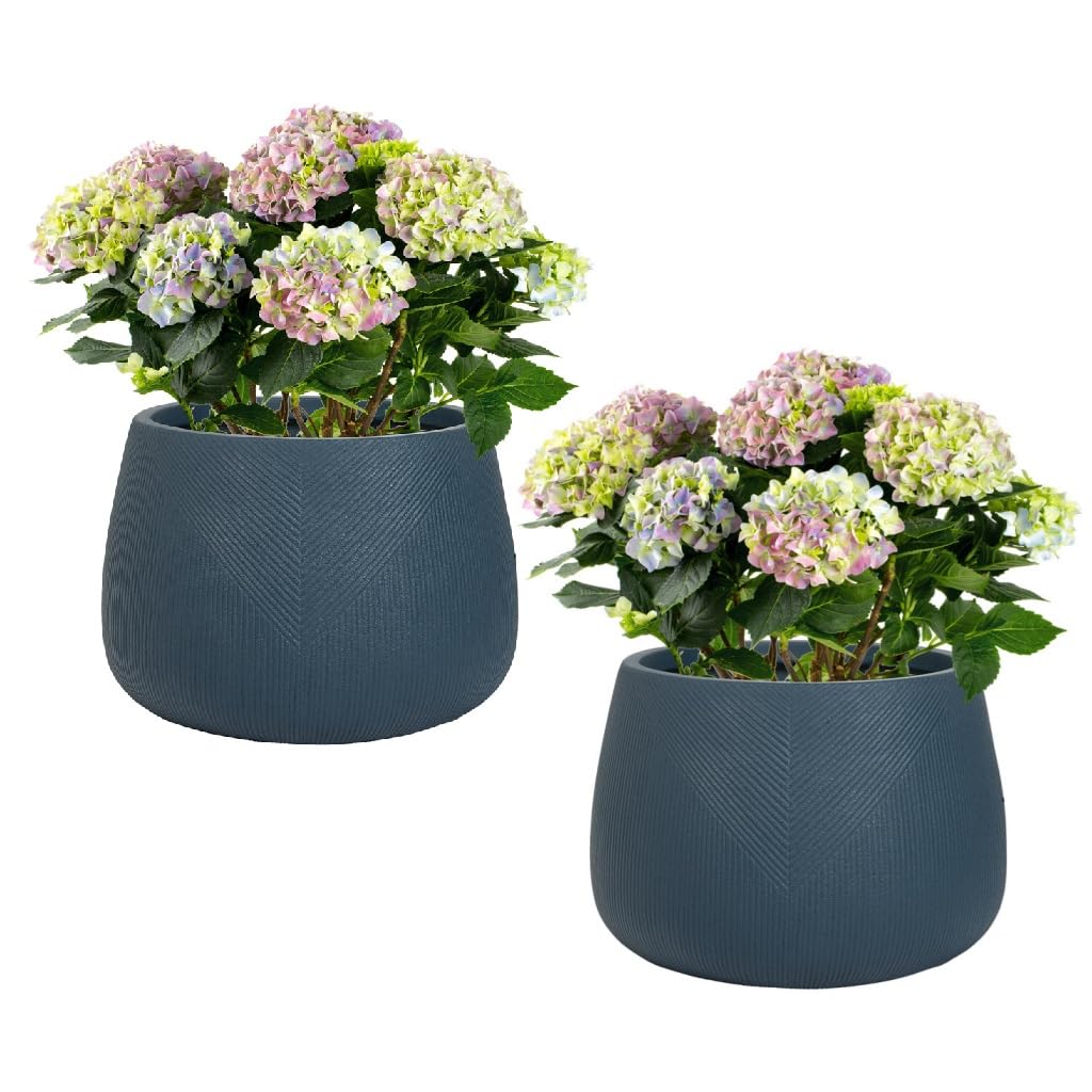 Dibor Fibre Clay Plant Pots Set of 2 Outdoor Modern Rippled Finish Flower Planters Patio Doorstep Porch Tree Shrub Topiary Bush Entryway Dark Blue Medium