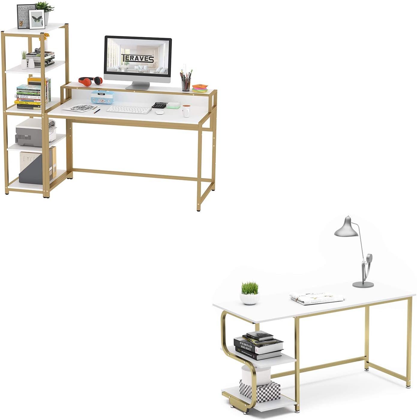Teraves Computer Desk with 5 Tier Shelves Reversible