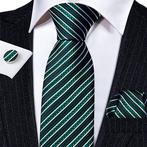 Set de corbata de seda para hombre rayada verde y blanca miniatura 3