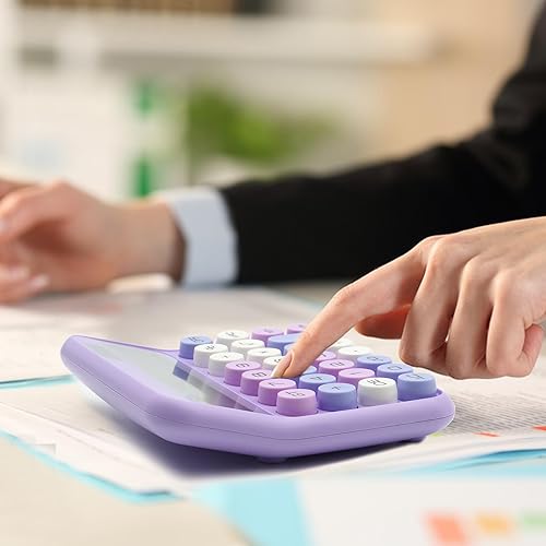 Miniatura 5 de Calculadora morada, 12 dígitos con pantalla LCD grande y botones grandes, accesorios de oficina morados para escritorio de mujer, bonita calculadora