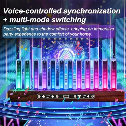 RGB Sound Pickup Light,LED Music Spectrum Display，12 LED Light Tubes Automatic Adjustment Colorful Rhythm Light Bar, with Solid Wood Base for Gaming,Livehouse,Studio, Home Decor