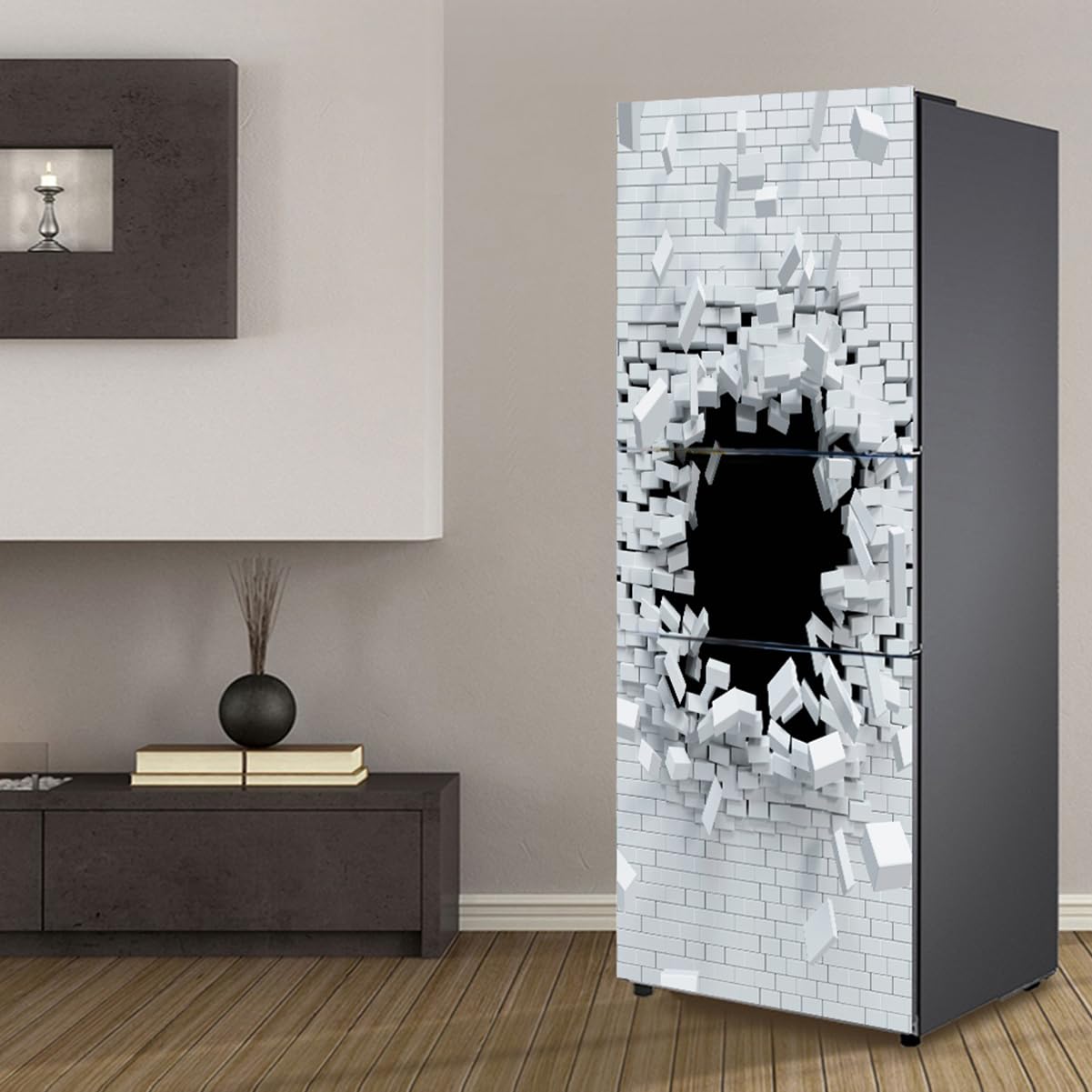 Cnfhfry White Fridge Stickers， Full Covering, Freezer Skins Wall Stickers For Kitchen Decal, 3D Brick And Black Hole(S: 60X150 Cm)