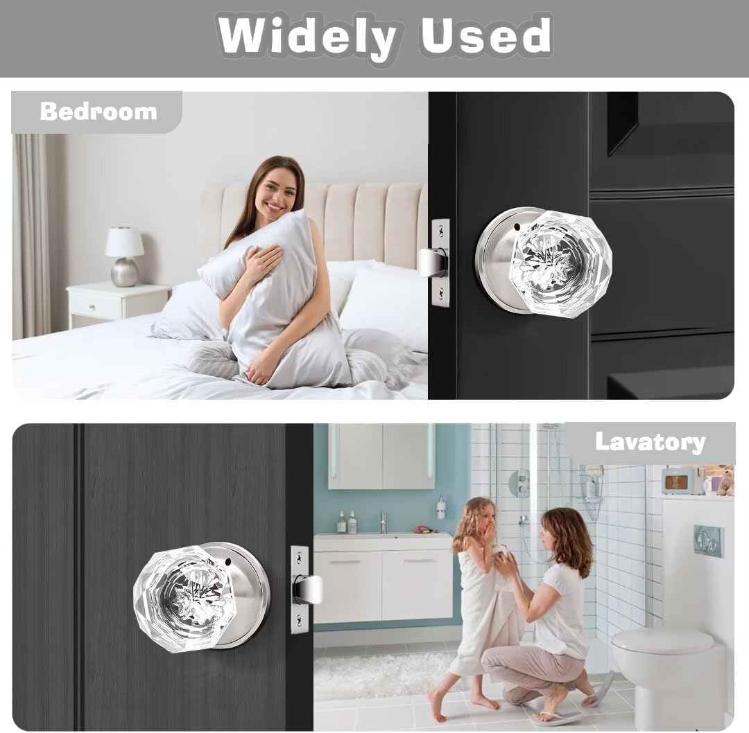 2 Pcs Crystal Privacy Door Knobs Interior, Satin Nickel Glass Door Knobs with Lock, Diamond Door Knobs for Bedroom Bathroom