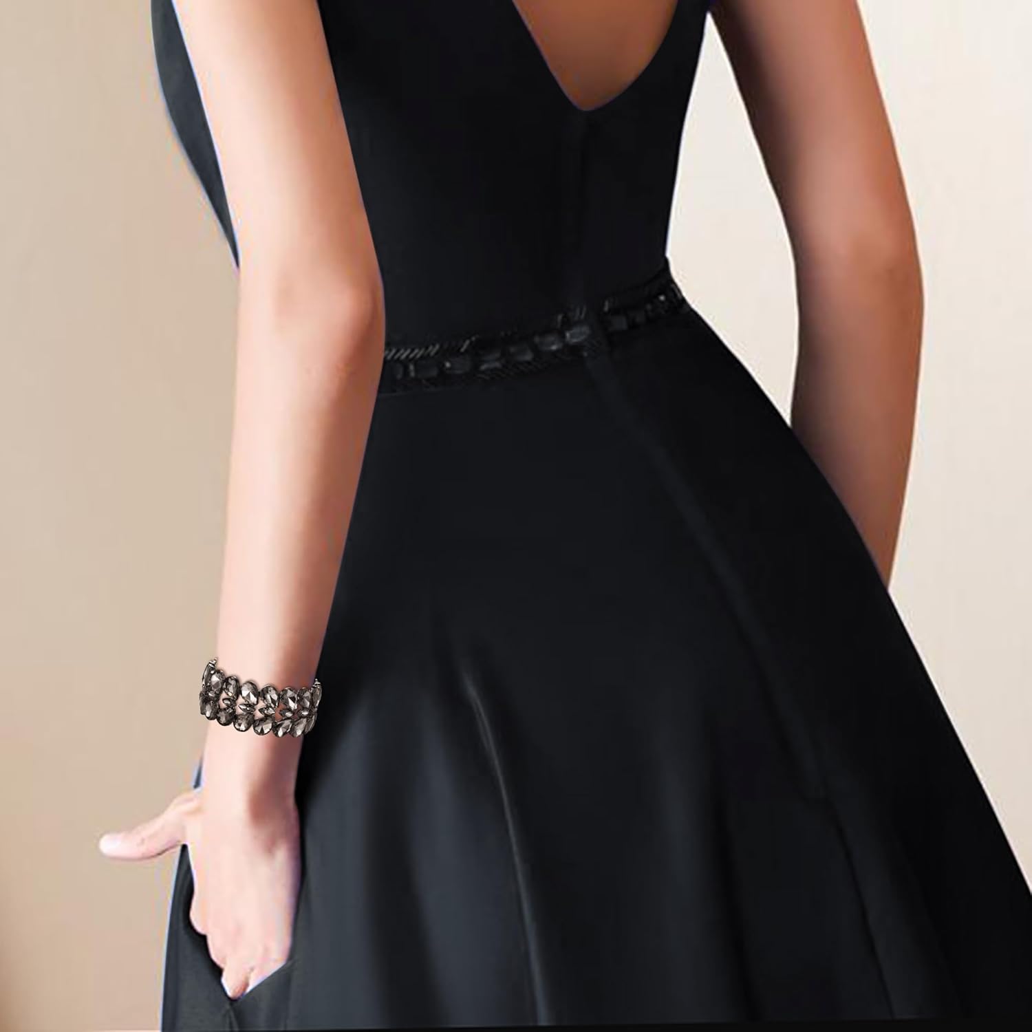 EVER FAITH Elegant Austrian Rhinestones Double Layers Teardrop Marquise Elastic Stretch Bracelet for Women Gray Black-Tone - Image 2