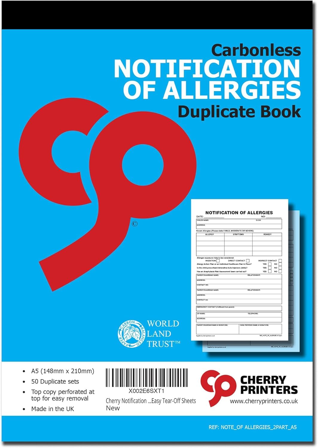 Cherry Printers Notification of Allergies Book A5 | Carbonless Duplicate Book with 50 Sets | Allergy Record for Schools | GP & Emergency Contact Details | Made in UK | Easy Tear-Off Sheets | 20 Pack