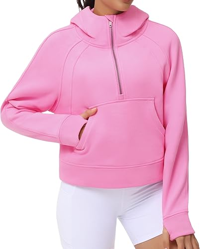 THE GYM PEOPLE Sudaderas con capucha para mujer, media cremallera, manga larga, forro polar, con bolsillos, agujero para el pulgar