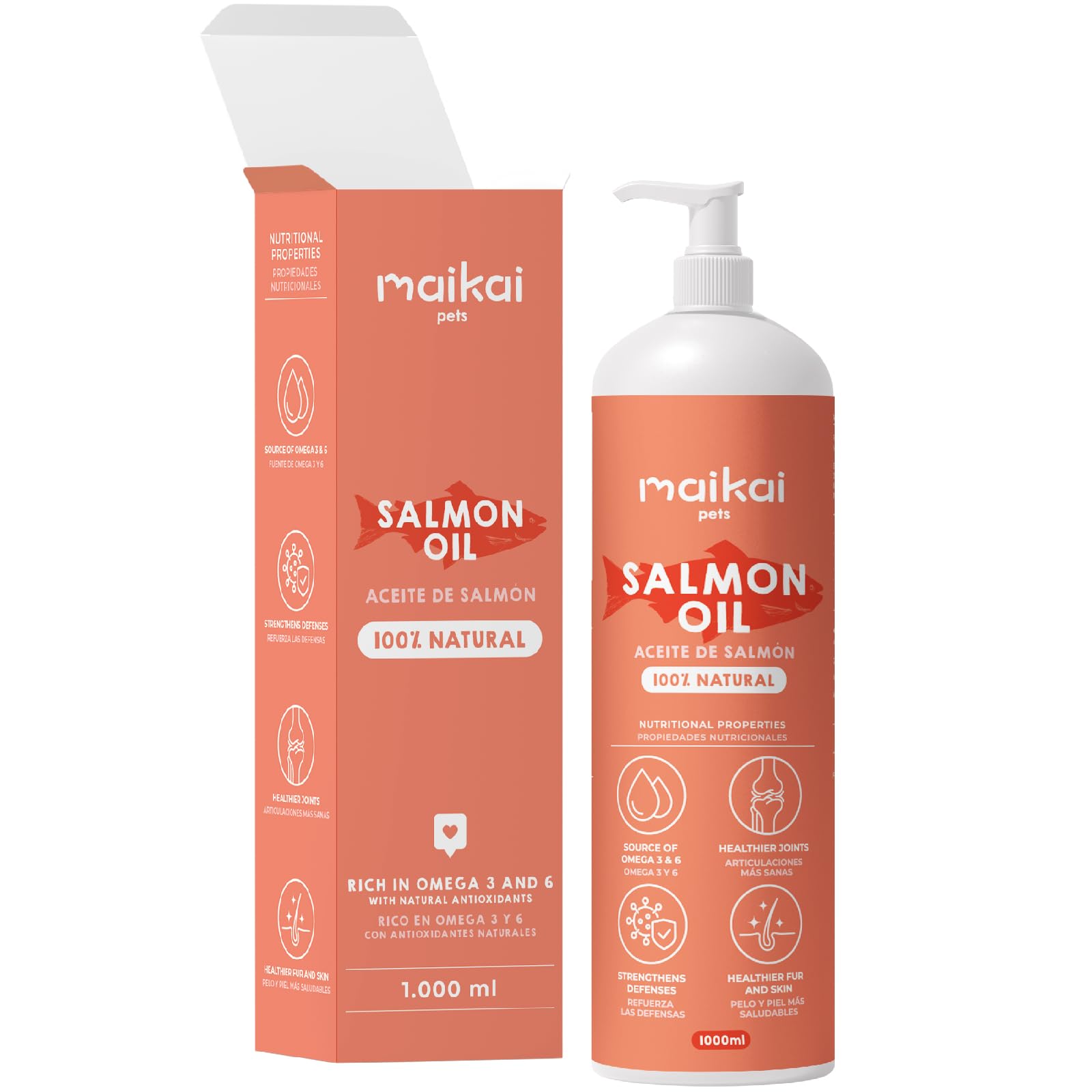 MAIKAI Olej z łososia dla psów i kotów 1000 ML Omega 3 i 6 Naturalny