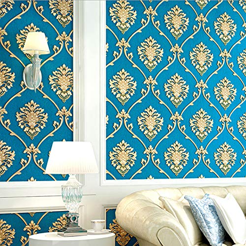 Retro Simplicity 3D Fine Embossed PVC Wallpaper European Damasks Bedroom Living Room TV Background Wall Shop Decoration Clothing Store Studio Coffee Shop Hotel 1.73'W x 32.8'L Non-Pasted (Cyan)