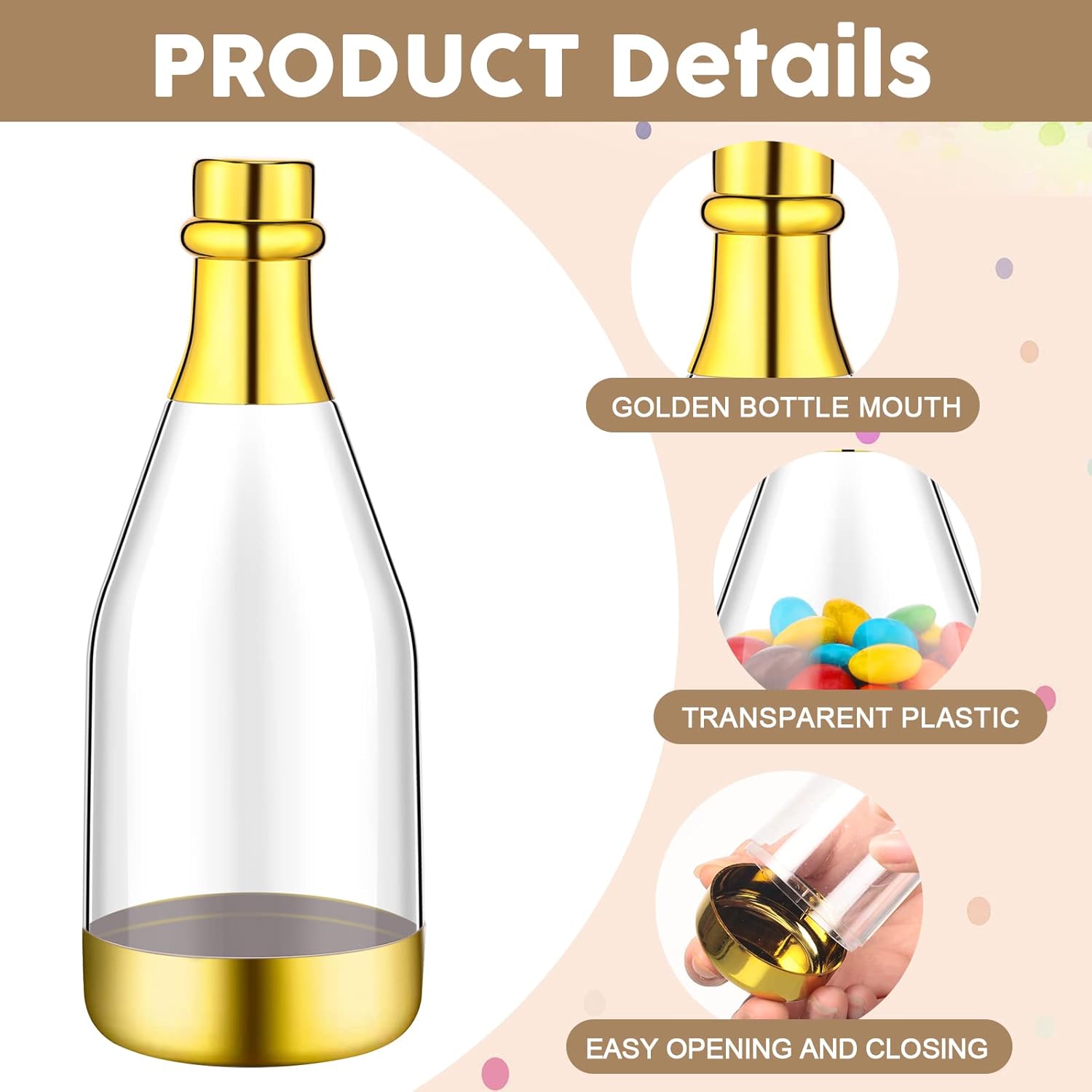 Gerrii 50 Pcs Metallic Mini Champagne Bottle Candy Container Shaped Jars Gold Plastic DIY Favor Candy Bottle Wedding Party Favor Containers with Gift Tags Gold Strings and 65.6ft Rope