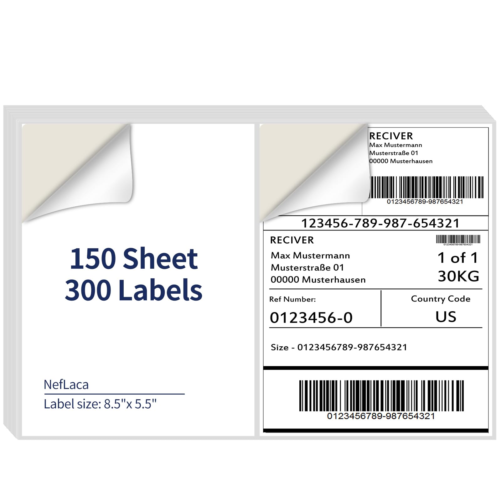 NefLaca 8.5 x 5.5 Half Sheet Shipping Labels for Laser and Inkjet Printers, 2 Per Page Self Adhesive Mailing Labels, White Blank Labels [150 Sheet 300