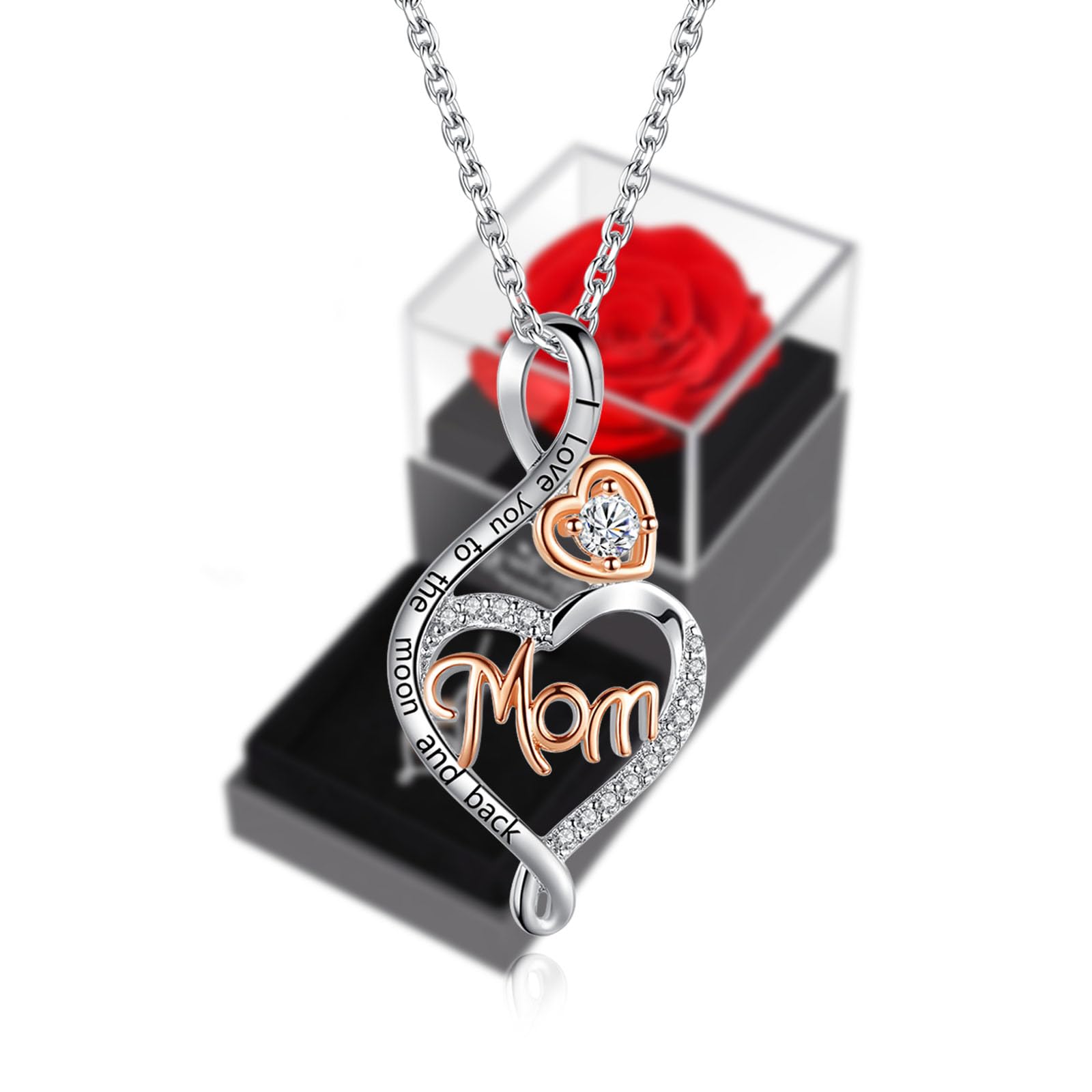 BFF&UNICORN Gifts for Mom Necklace,Preserved Flowers Real Red Rose and Necklace Gifts for Mom Birthday Gifts for Mom from Daughter Son I Love You Mom Gifts for Christmas Mothers Day