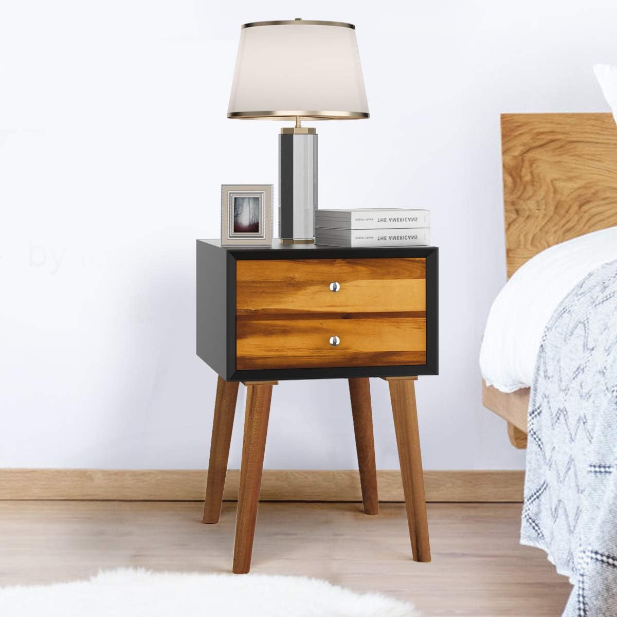 KOTEK Nightstand with 2 Drawers, Bedside Table with Solid Wood Legs, Mid Century Modern End Side Table for Living Room, Bedroom, Small Space (2, Black)