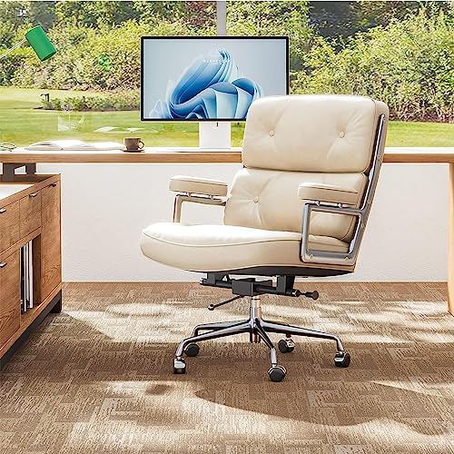 Redriver Genuine Leather Office Chair, Padded Mid Back Home Office Desk Chair with Thickened Lumbar Support Cushion, Aluminum Alloy Frame, 360° Swivel, High-Adjustable, Tilting and Rocking Function