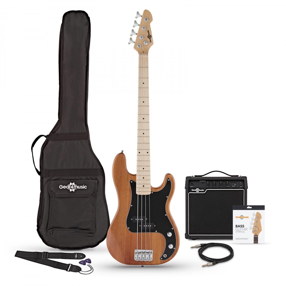 Basso LA Select + Pacchetto con Amplificatore da 15 W, Natural | Tono Chiaro e Deciso, Corpo in Frassino con Manico in Acero, Humbucker Split Coil, Ampli 15W e Accessori Inclusi