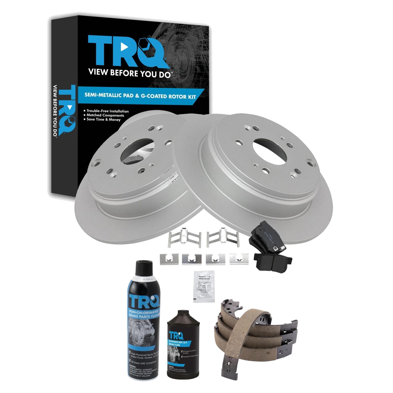 TRQ Rear Brake Pad &amp; Rotor Kit, with Chemical Kit Parking Brake Shoe Set Semi-Metallic Compatible with 2007-2012 Acura RDX