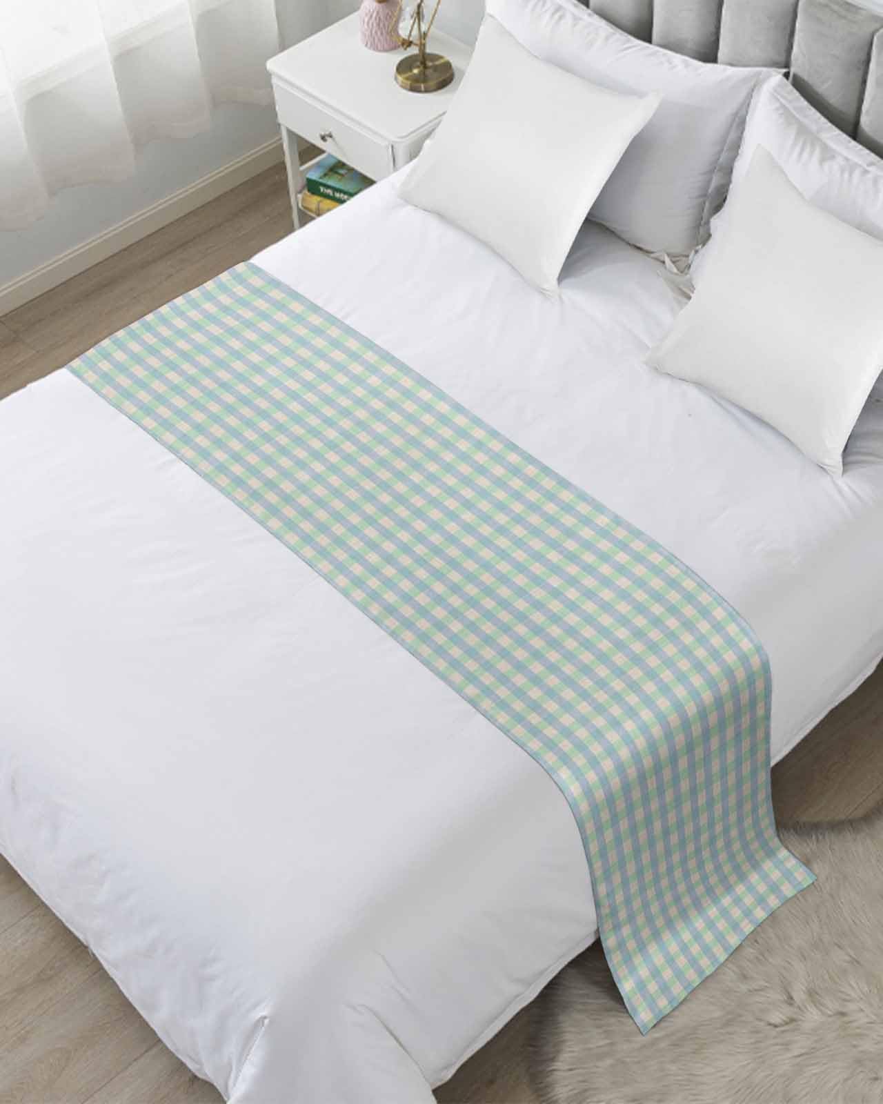 Twin Bed Runner Retro Ombre Blue Green Plaid Bedding Runner Scarves Decorative Bed Scarf, Retro Linen Texture Soft Bedding Scarf for Bedroom Hotel Wedding 83x20in