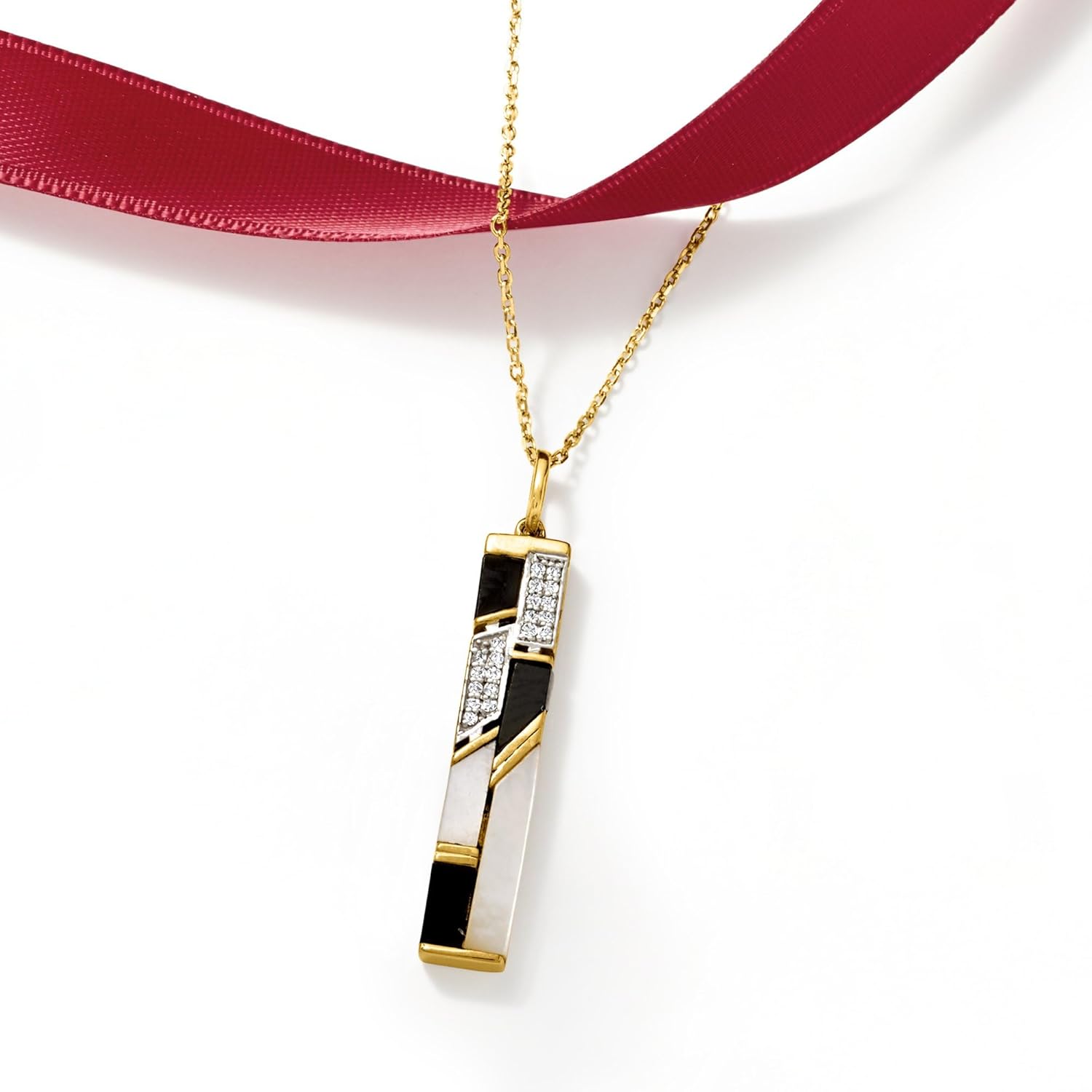 Ross-Simons Mother-Of Pearl and Onyx Pendant Necklace With .10 ct. t.w. White Topaz in 18kt Yellow Gold Over Sterling. 18 inches
