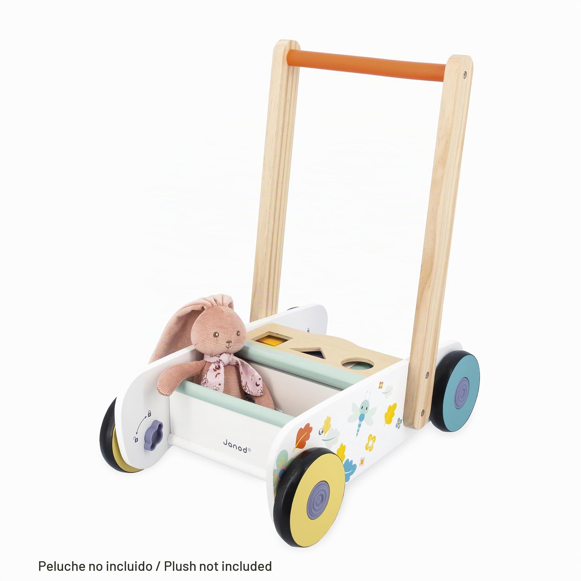 Janod - Carrito para bebés y niños de Madera A Partir de 12 Meses - 18 Piezas de Madera Incluidas + Caja con Forma - Ruedas silenciosas + Sistema de Freno - A Partir de 1 año