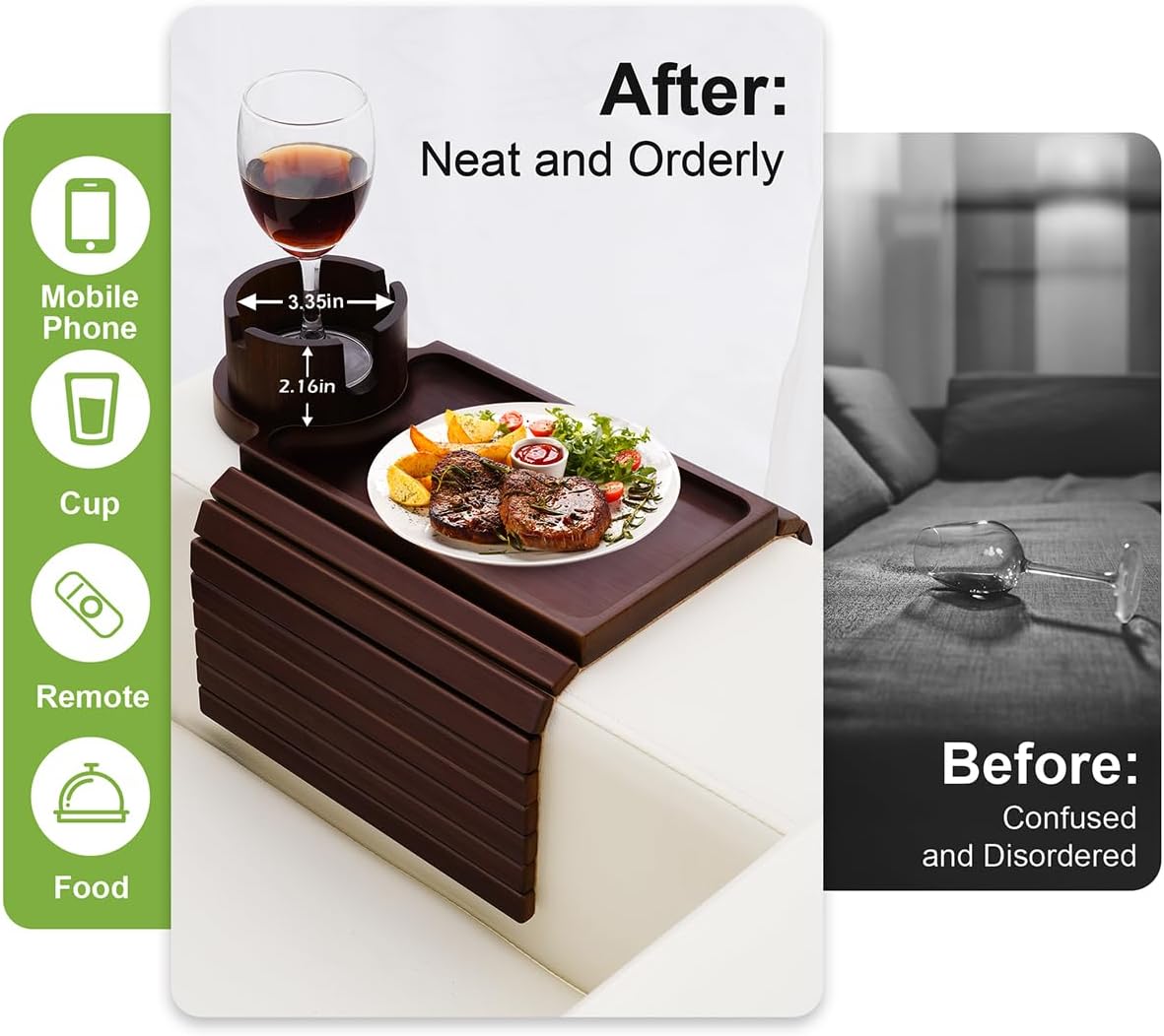 Couch Cup Holder Tray - 3 in 1 Sofa Arm Tray with 360° Rotating Cup Holder & Phone Stand with Round Couch Arm Table Tray Perfect for Living Room Home