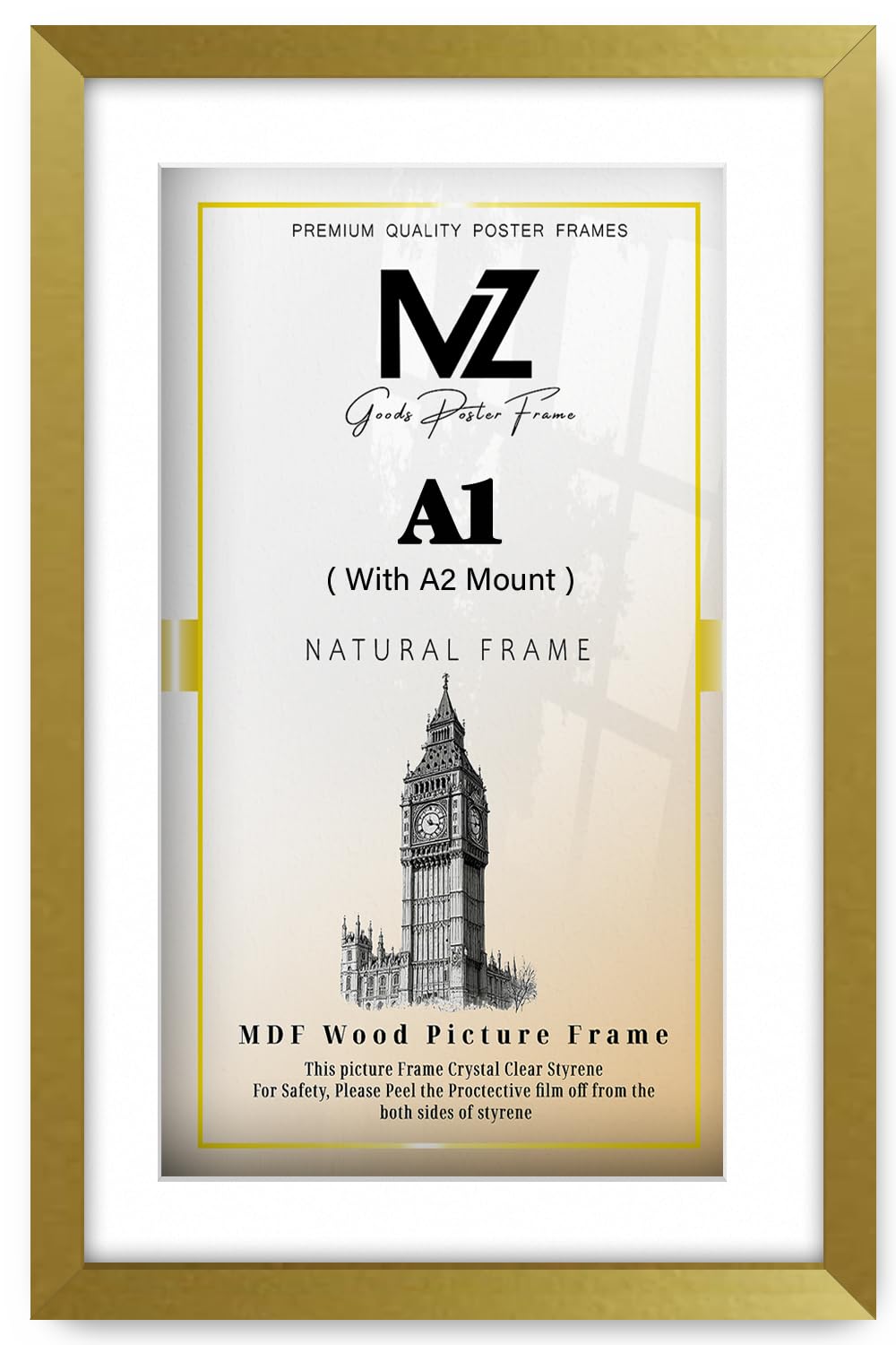 MZ GOODS | MDF Stylish Diploma Frame A1 (59.40 x 84.10 cm) with A2-(41.90 x 59.40 cm) White Mount Wall Mounted | 23 x 33 Poster, Artwork, Professional Display Frame [ Gold ]