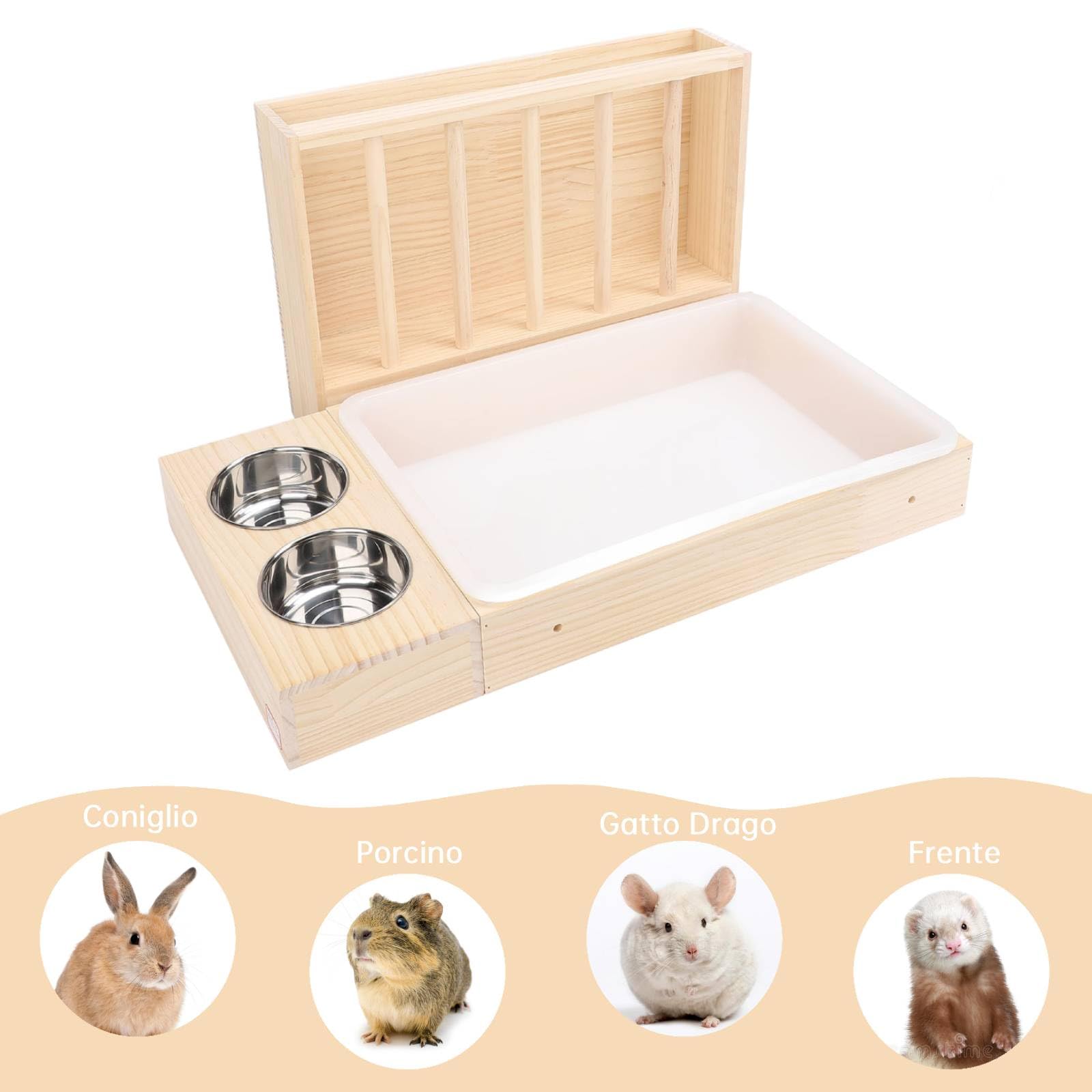 Jaula de visión de Pollo Rutin, alimentador de heno de Conejo, tazones de Acero Inoxidable Conejito de Madera para alimentación de Chinchillas hámster Animales pequeños