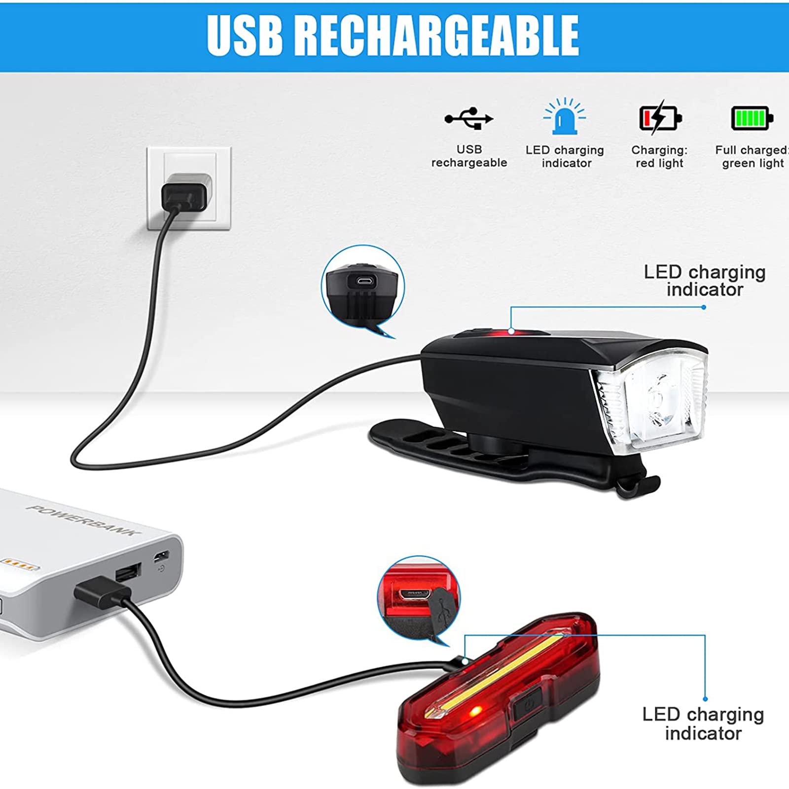 Zestaw świateł rowerowych LED, ładowalne przez USB, 350 lm, wodoodporne przednie światło i tylne światło 100 lm, regulowane 5+6 trybów oświetlenia, światła rowerowe na drogę i góry