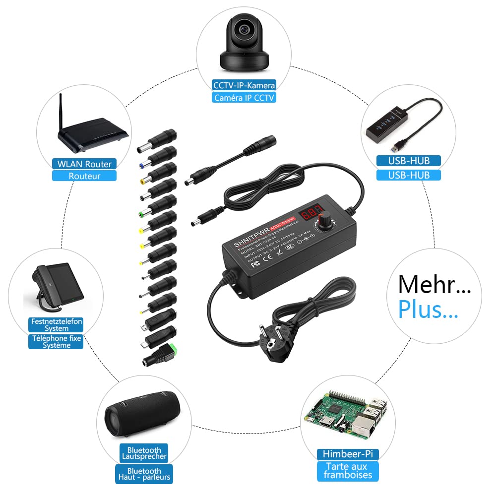 SHNITPWR Universal 3.5V~24V Netzteil 48W 2A AC/DC Schalt-Netzteil Adapter, mit 14 pcs Adapterstecker, für 3.5V bis 24V Elektronische Geräte, Bilderrahmen Babyphone-Kamera und LED-Streifen ect.