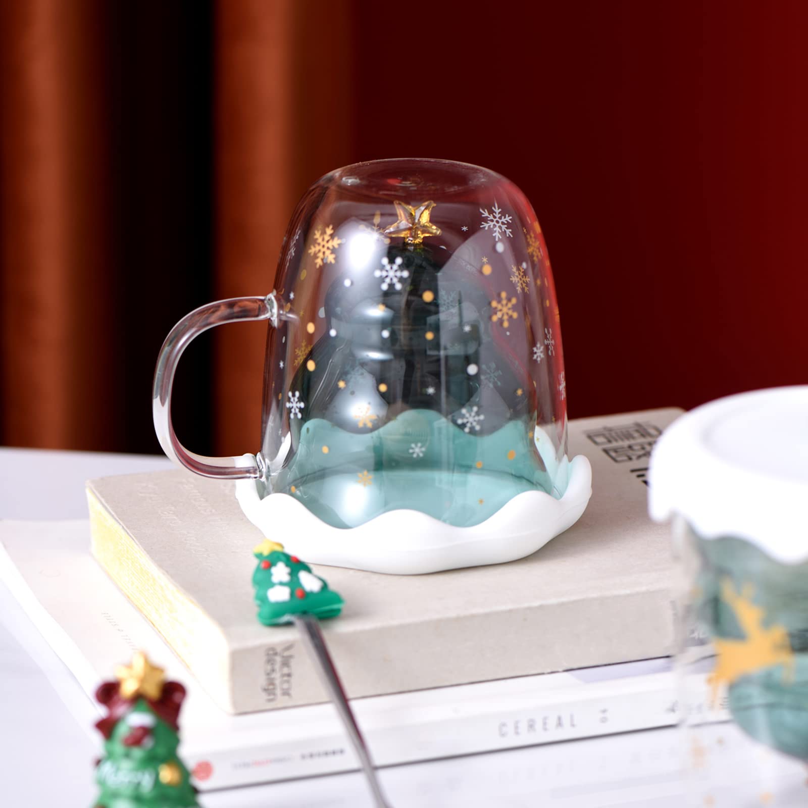 Tasses De Noël En Verre Double Paroi - Design Sapin Et Flocons De Neige - Avec Couvercle Et Cuillère - Cadeau De Noël Idéal