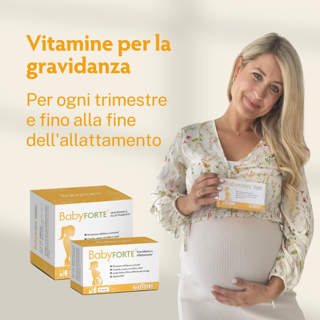 BabyFORTE® Gravidanza Multivitaminico | acido folico, Quatrefolic® + Omega 3 DHA EPA | Vegano | 180 Capsule | Allattamento Integratore