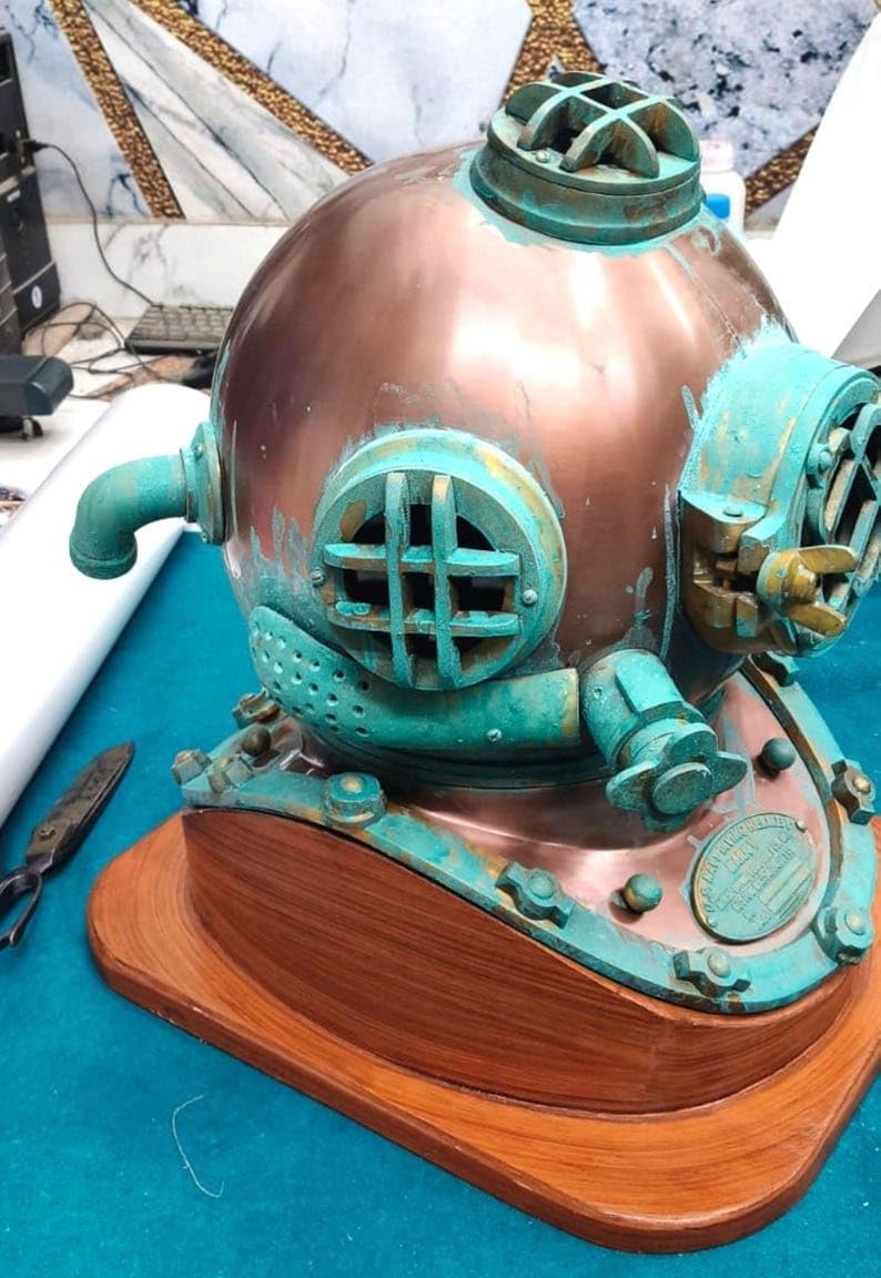 Nautical US Navy Diving Mark V Divers Helmet Deep Sea Collectible Rare Antique Finish Marine Scuba Helmet with Wooden Base Replica