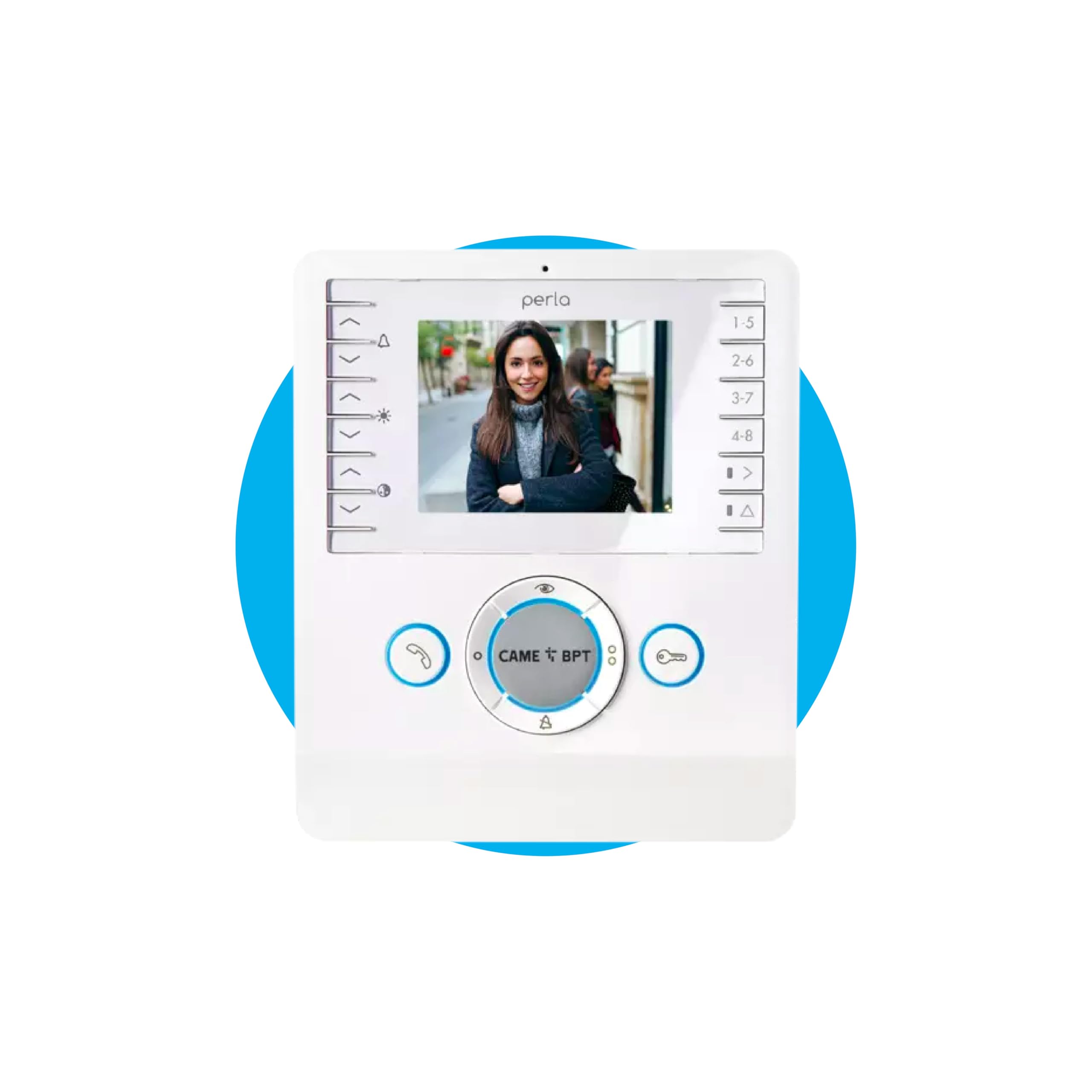 CAME Videocitofono vivavoce PERLA bianco con display LCD 3.5", ottima qualità video, due tasti AUX programmabili, compatibile con sistemi X1 e XIP, per una gestione sicura degli accessi residenziali