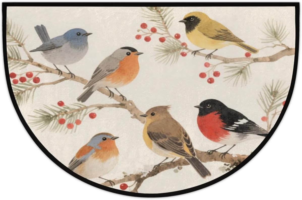 Half Round Door Mat - Indoor Outdoor Bird Branch Art Half Circle Rug for Entryway, Bathroom, Kitchen, Living Room - | Washable Non-Slip Half Moon Mat for Entryway, Bathroom, Kitchen & Living Room