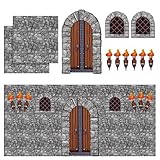 11 Pieces Medieval Party Decorations Kit Medieval Scene Castle Decorations Set Including Stone Wall Backdrop, Door, Windows, Torch Props for Halloween Castle Party Wall Decor Accessory