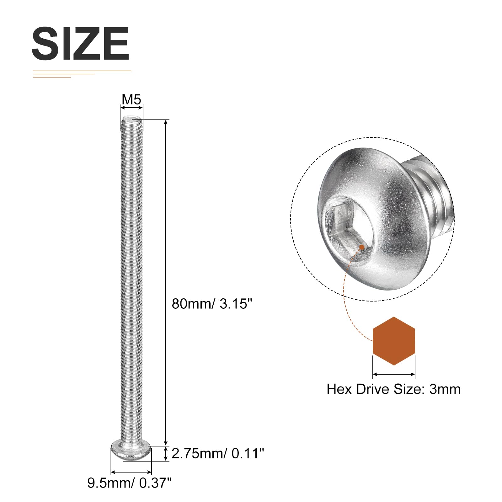 DTGN M5-0.8x80mm Button Head Socket Cap Screws - 10Pack - Good for Machine - 304 Stainless Steel 18/8 - Hex Drive Full Thread Fasteners - Image 2