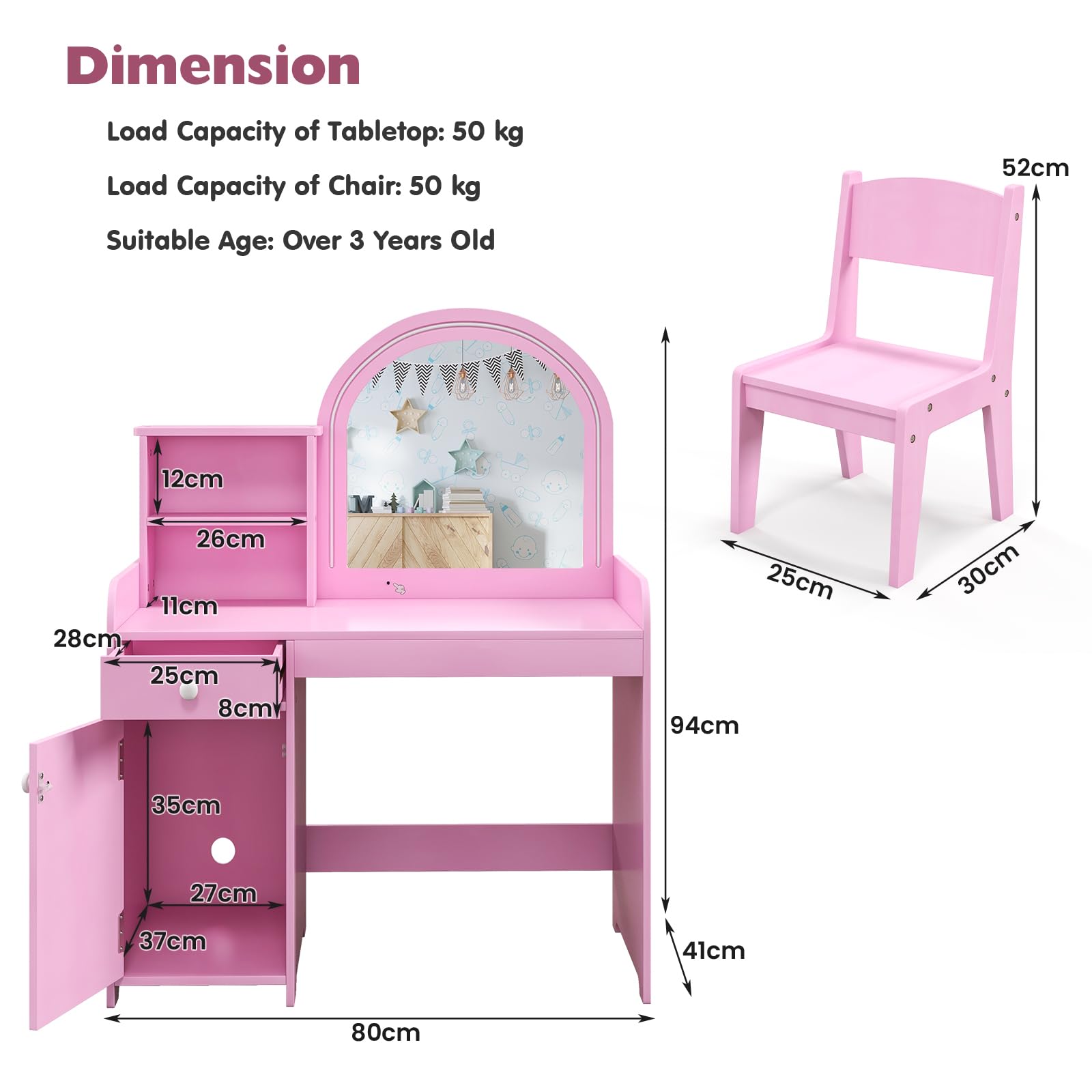 LIFEZEAL 2 en 1 Set de Tocador Niños, Tocador Infantil con Cajón y Estante, Mesa de Maquillaje con Espejo LED y Taburete, para Niñas a Partir de 3 Años