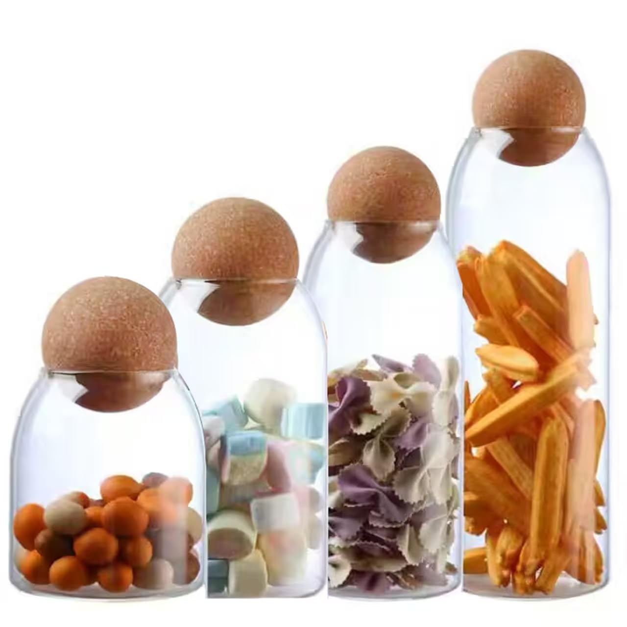 Vorratsdose aus Glas mit Kugelkorkendeckel, klare Glasdosen mit Korkkugel, niedliche dekorative runde Glasflaschen mit luftdichtem Holzdeckel für Gewürze, Zucker, Salz, Tee, Nüsse, Kaffeebohnen (4