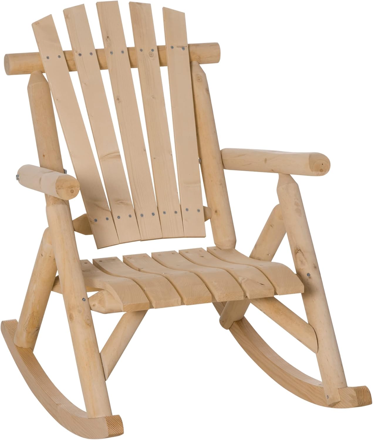 Outsunny Outdoor Wooden Rocking Chair, Single-Person Rustic Adirondack Rocker with Slatted Seat, High Backrest, Armrests for Patio, Garden and Porch, Natural