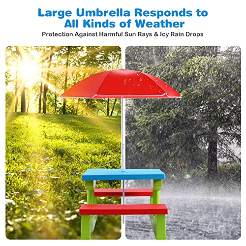 Armile Kids Picnic Table, Kids Indoor & Outdoor Table And Bench Set With Removable & Foldable Umbrella, Portable Toddler Plastic Picnic Table For Patio, Backyard, Ideal Gift For Boys Girls(Red) #TOP3