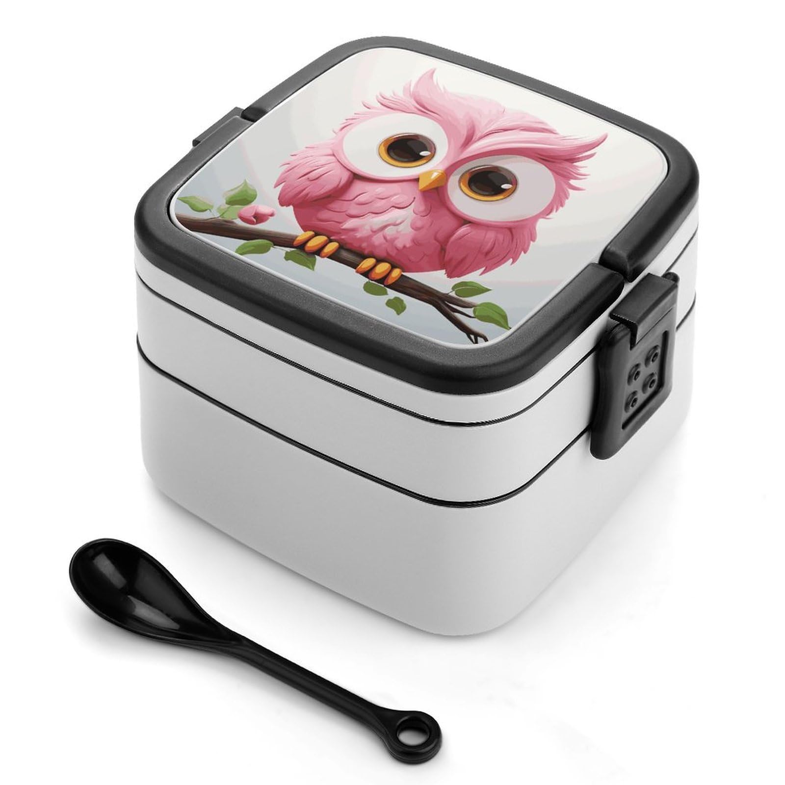 JTREHY A Pink Owl Lunch Box Double-Layer Portable Lunch Container Stackable Large Capacity Leakproof Bento Box for Dining Out Work Picnics Travel